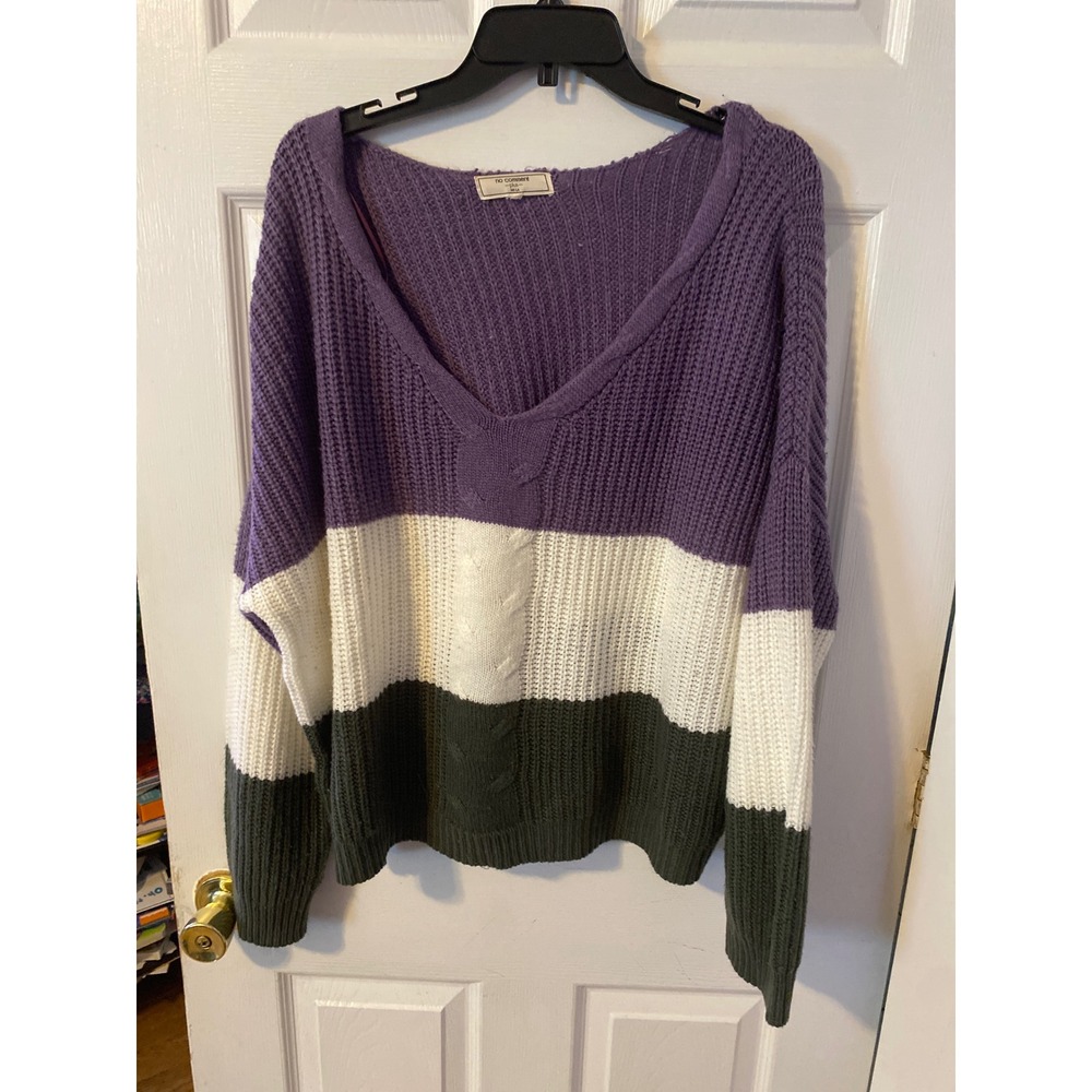 No Comment Plus Colorblock V-Neck Sweater Purple White Green 3X RS621227